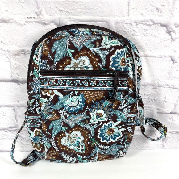 Vera Bradley Backpack Java Blue Brown Floral Quilted Purse Bag Zipper Retired - Picture 16 of 16